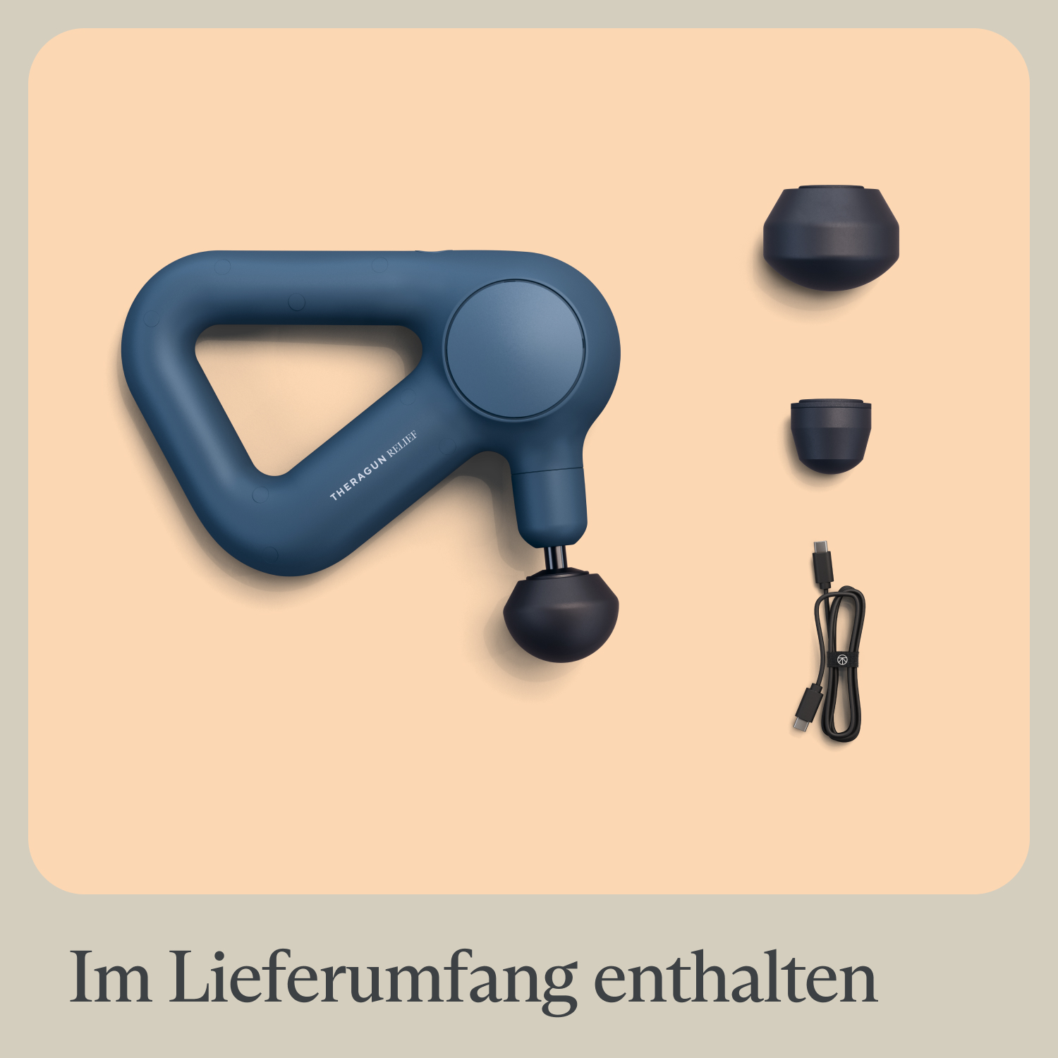 Blauer Theragun-Massagegerät mit Zubehör und Ladekabel.