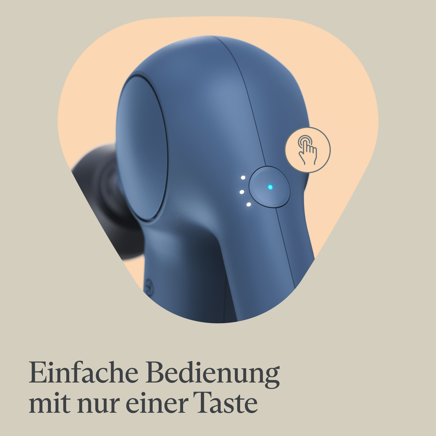 Blaue Handmassagepistole, mit Touch-Taste, vor beigem Hintergrund.