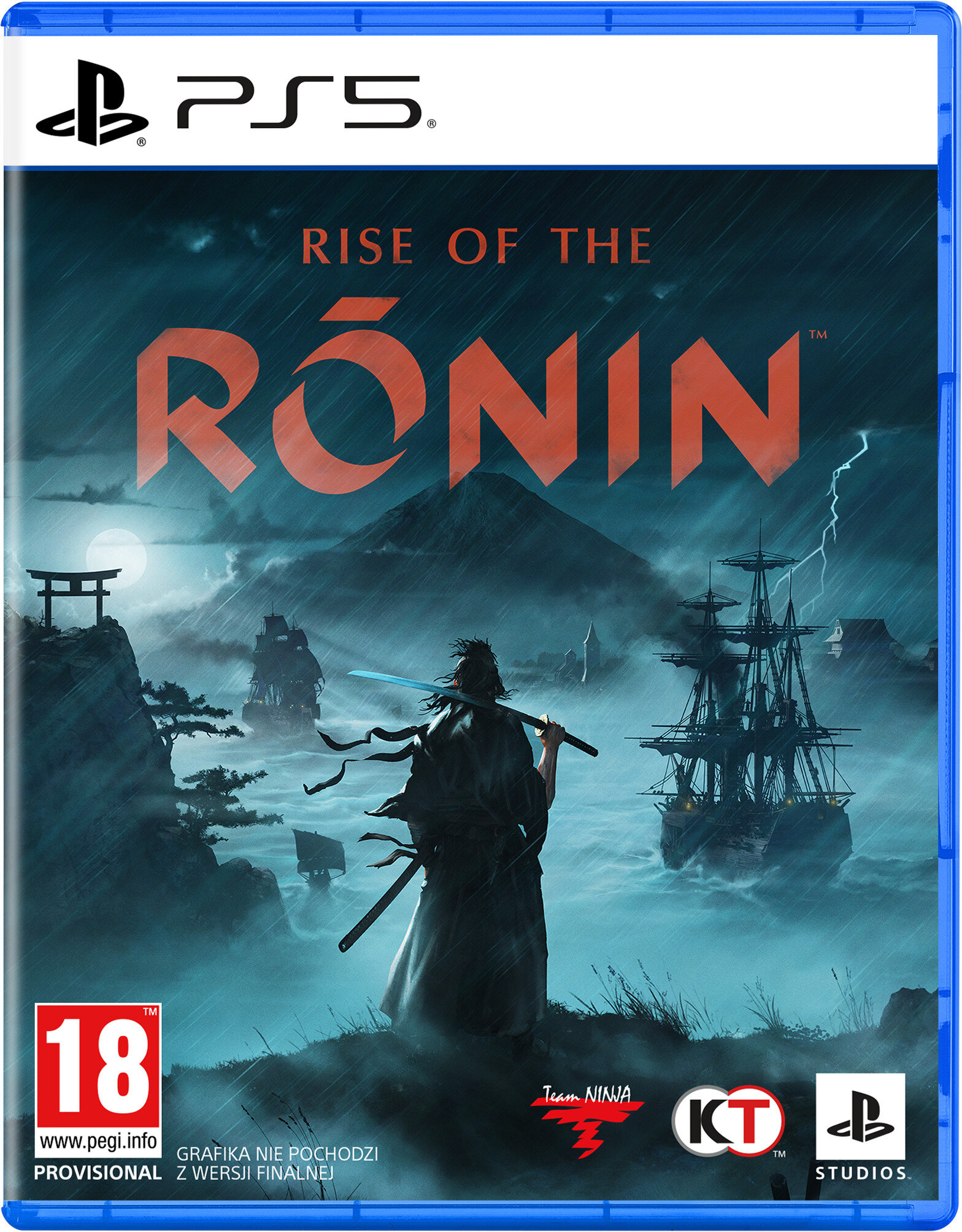 Okładka gry Rise of the Ronin na PS5. Samuraj z mieczem w deszczowym, mrocznym krajobrazie.