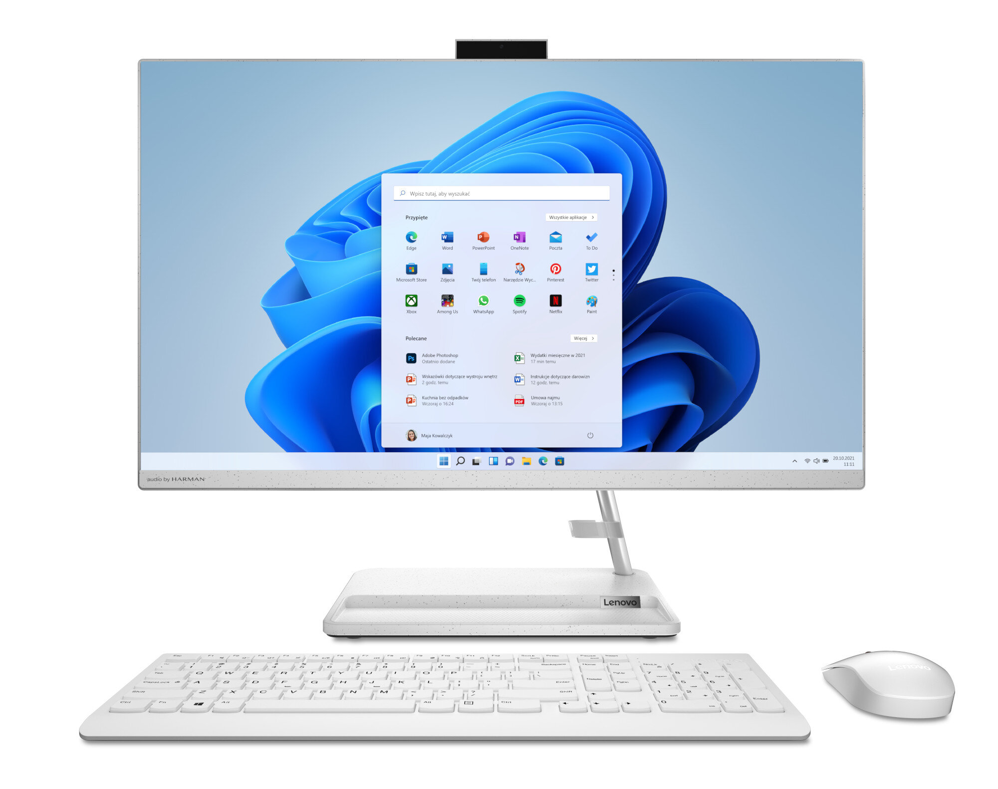 Komputer stacjonarny Lenovo all-in-one z ekranem pokazującym interfejs Windows 11.