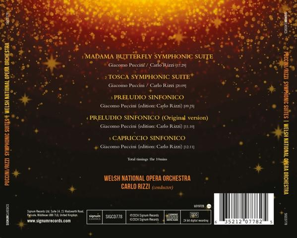 CD-Rückseite mit Sternenmuster, Werkliste und Orchesterangaben.