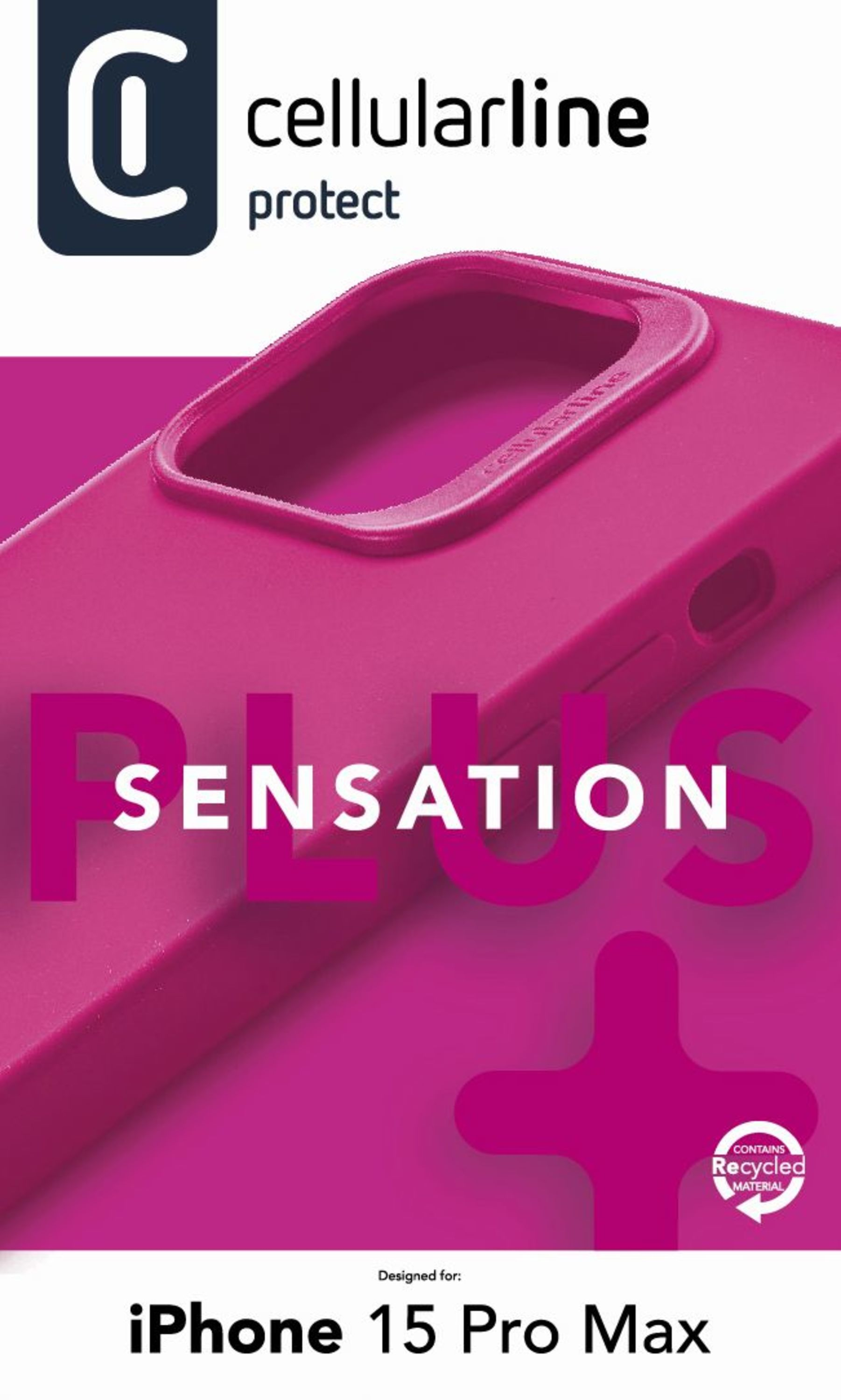 SENSATION PLUS yazılı pembe telefon kılıfı. Pembe artı işareti olan beyaz zemin.