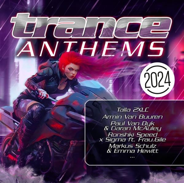 Eine Frau mit roten Haaren fährt ein futuristisches Motorrad, Trance Anthems 2024.