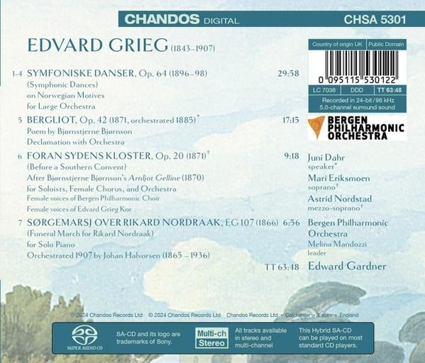 CD-Rückseite mit Edvard Griegs Werken, Bergen Philharmonic Orchestra.