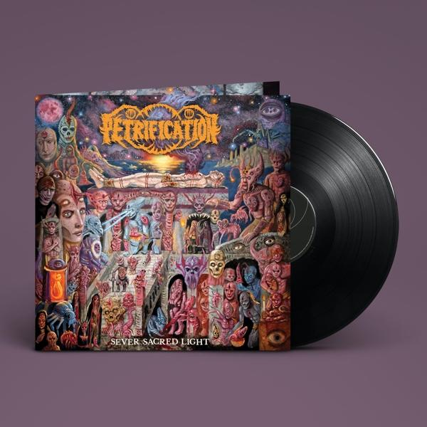 Albumcover mit abstrakten, surrealen und grotesken Figuren. Eine Schallplatte ist rechts.