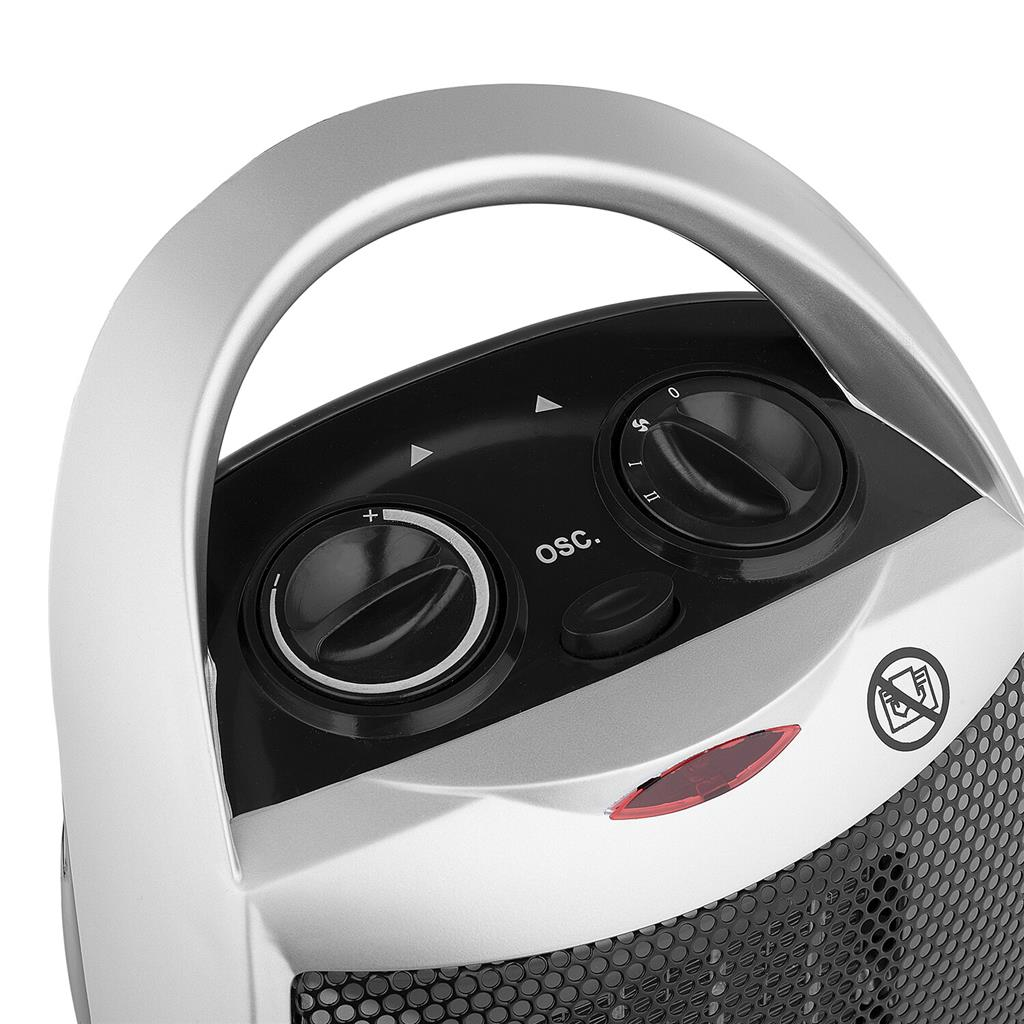 Termoventilatore argento e nero con manopole e griglia di sicurezza.