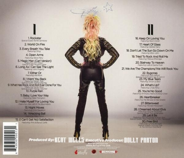 Albumcover. Dolly Parton, mit Heiligenschein und Stern, in schwarzem Outfit, steht. Listet Songs auf.