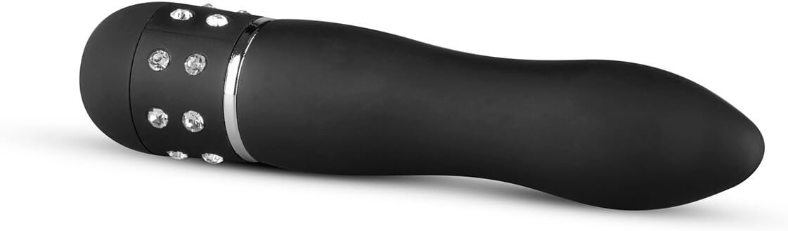 Czarny wibrator z kryształkami na głowicy. Białe tło.