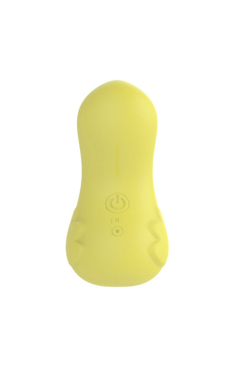 Żółty wibrator z przyciskami zasilania i DC na dole, gładka, zakrzywiona konstrukcja.