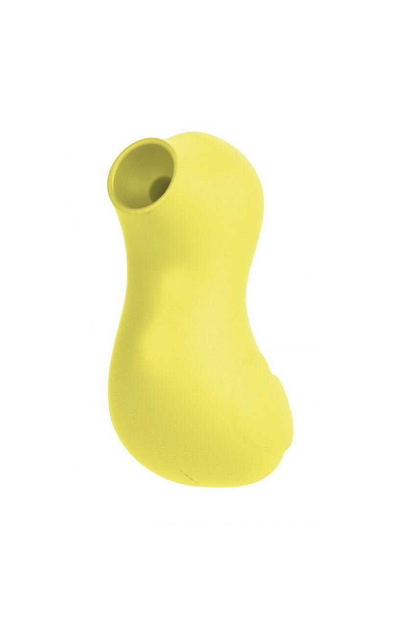 Żółta zabawka erotyczna, gładka, zakrzywiona forma, na białym tle, widok z boku.
