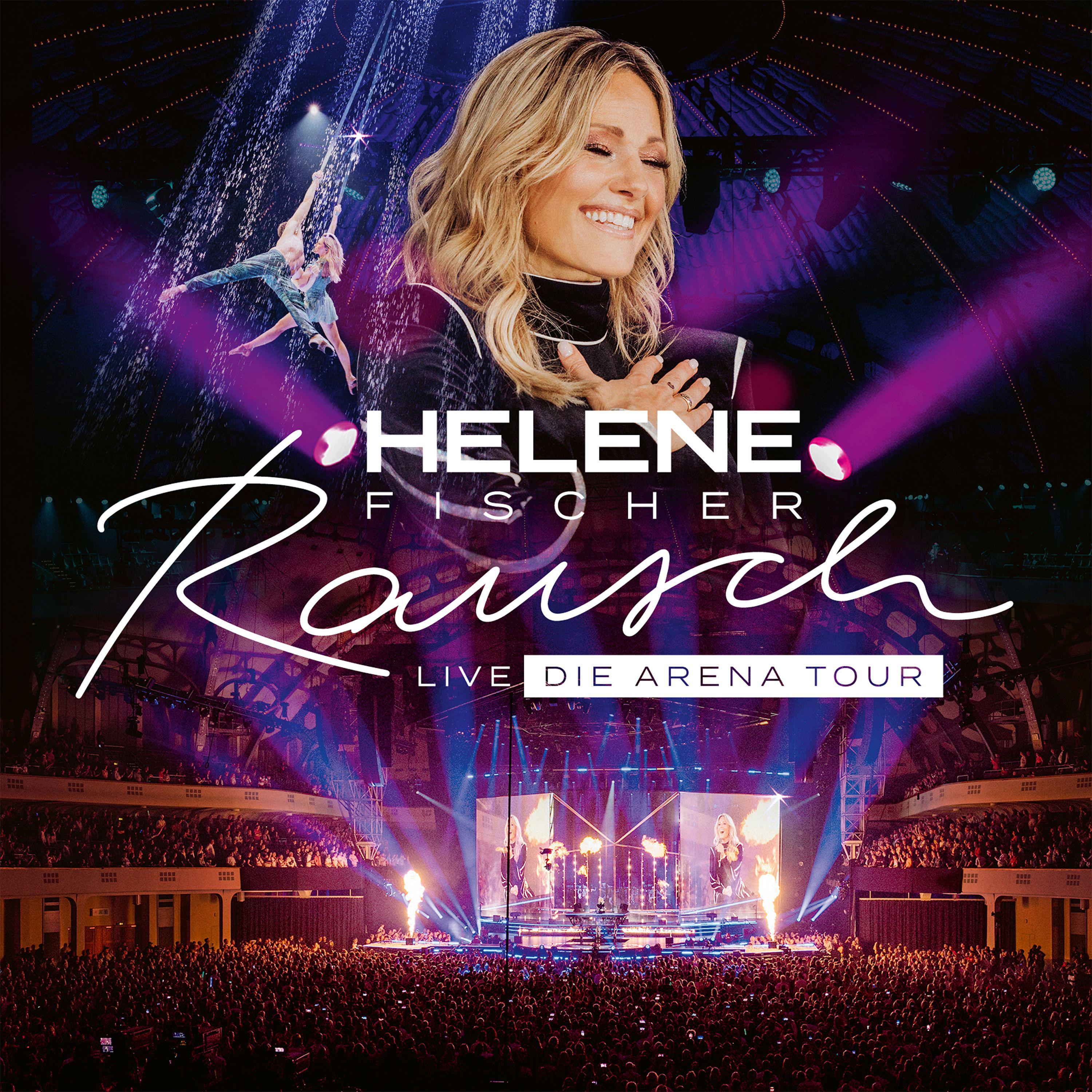 Helene Fischer live auf der Bühne, Luftakrobat, Lichter, Publikum. Text: Rausch, Live Die Arena Tour.