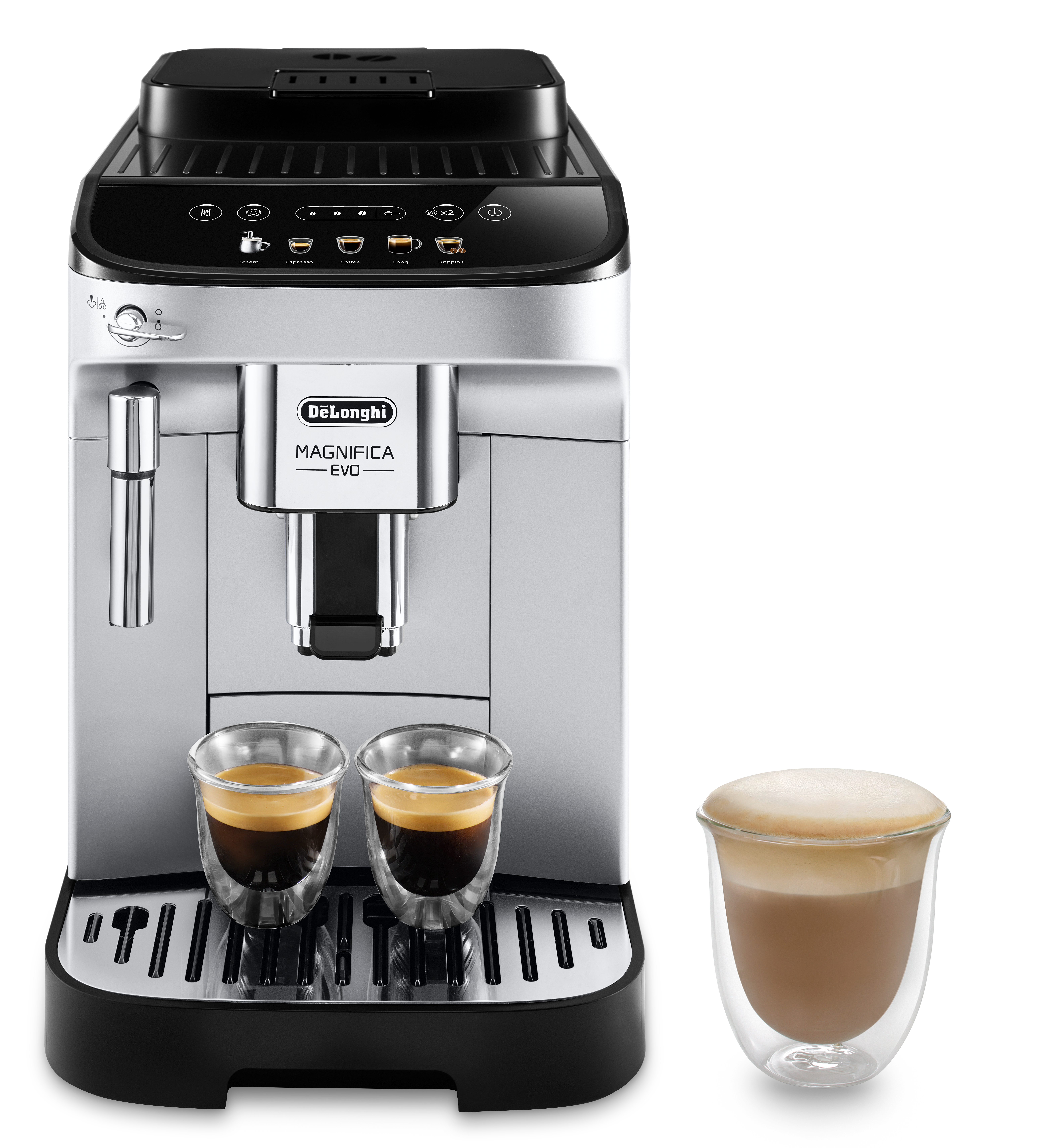 Silber-schwarze Espressomaschine mit zwei Espresso-Shots und einem Latte im Glas.