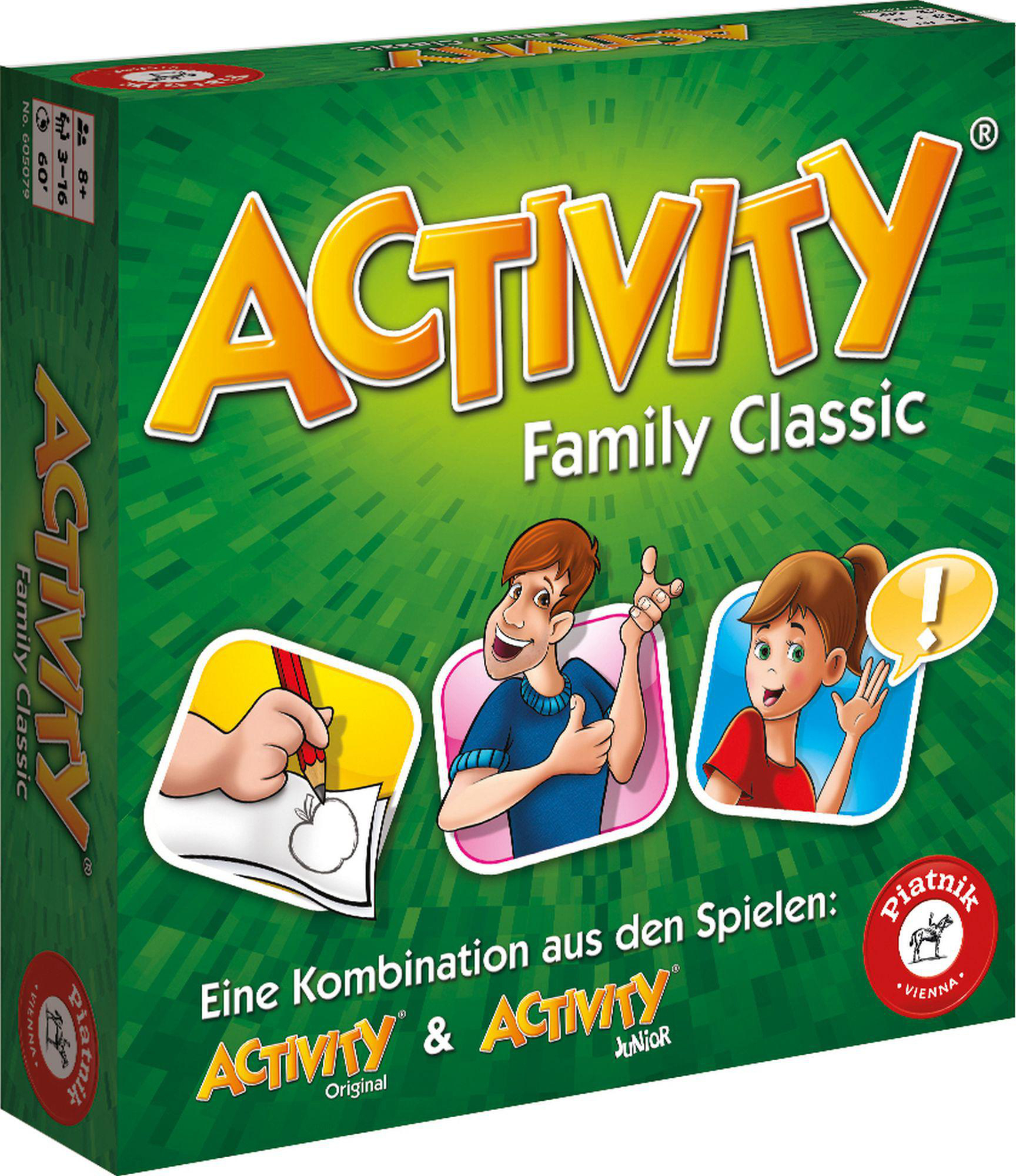 Schachtel des Spiels 'Activity Family Classic', mit Personen, die zeichnen, agieren und sprechen, auf dem Deckel.