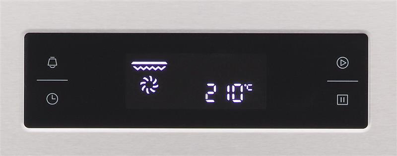 Backofen-Bedienfeld mit Anzeige von Temperatur und Symbolen.