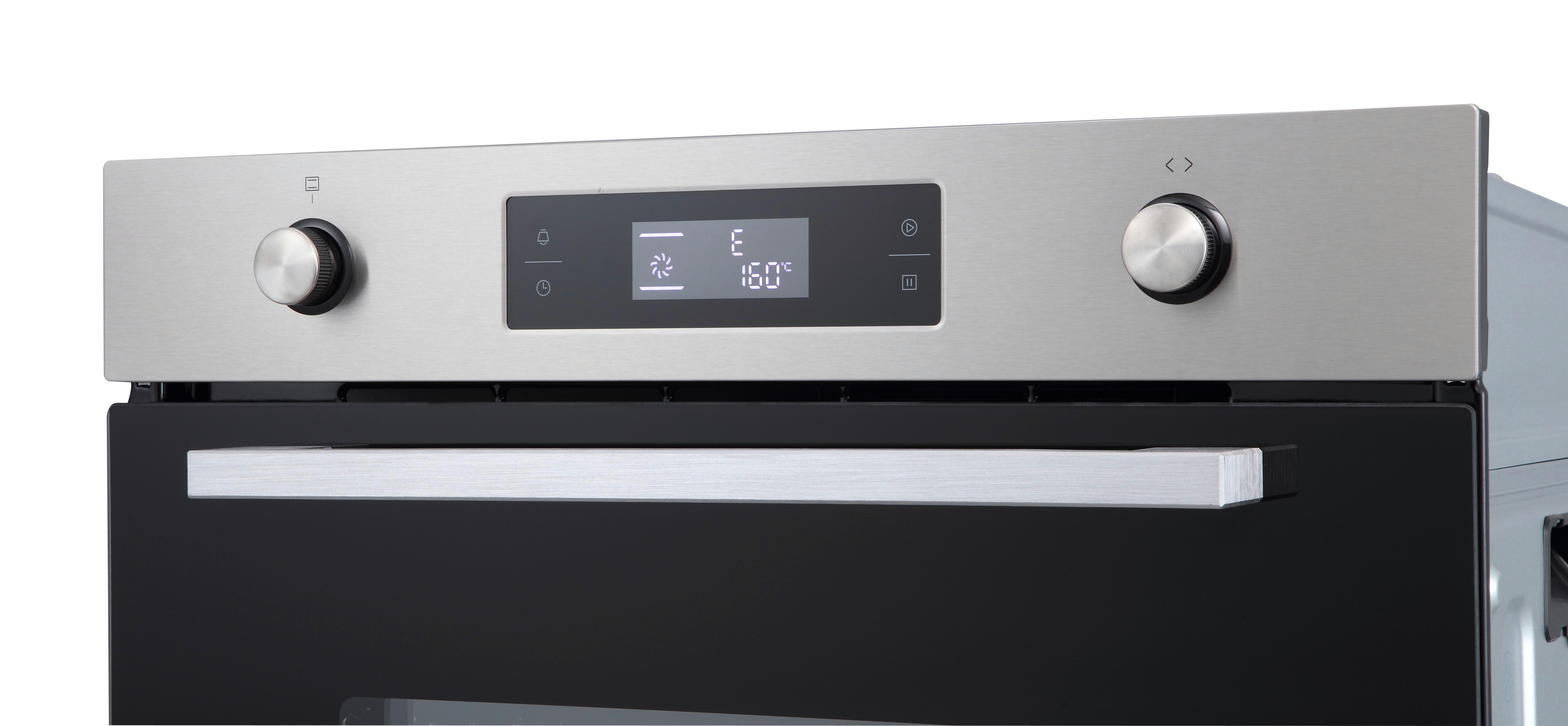 Nahaufnahme eines Backofen-Bedienfelds. Es hat zwei Knöpfe und ein digitales Display. Das Display zeigt die Temperatur an.