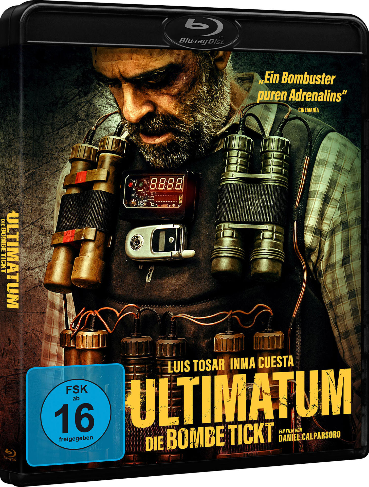 Filmcover von 'Ultimatum' mit einem Mann, der Sprengstoff trägt. Text auf Deutsch.