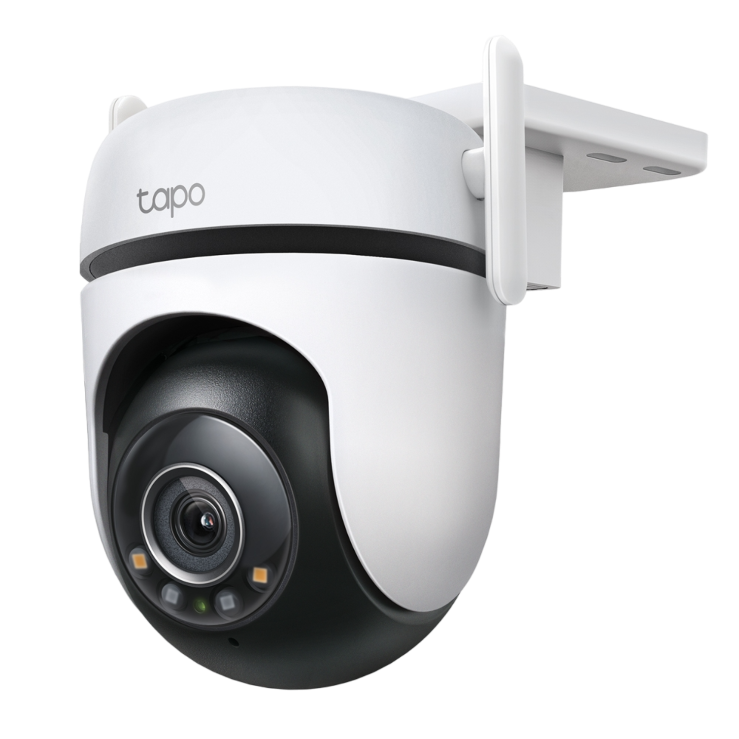 Een witte beveiligingscamera, zwarte lens, witte houder, op een effen achtergrond.