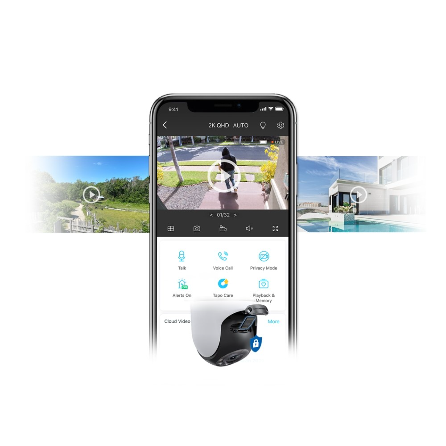 Smartphone met een interface van een beveiligingscamera-app, met live videobeelden en bedieningsopties.