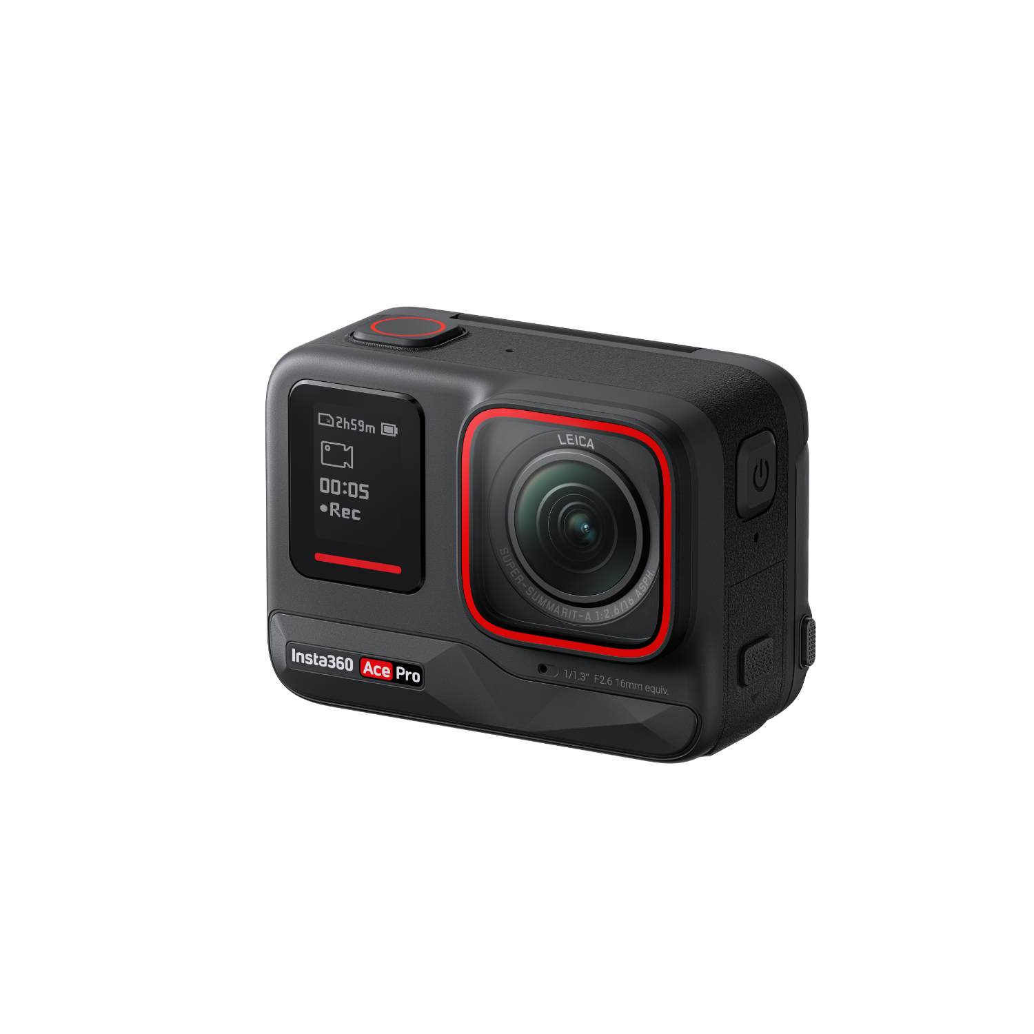 Zwarte actiecamera met rode lensdetails op zwarte achtergrond.