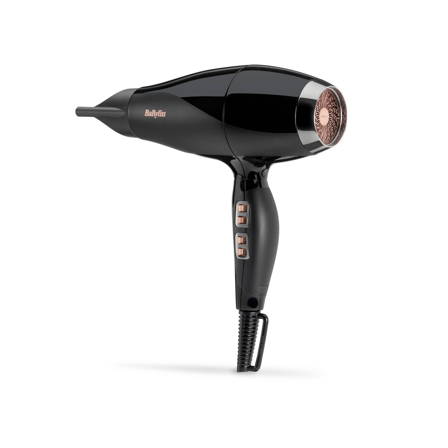 Sèche-cheveux Babyliss noir sur fond blanc. Buse or rose.