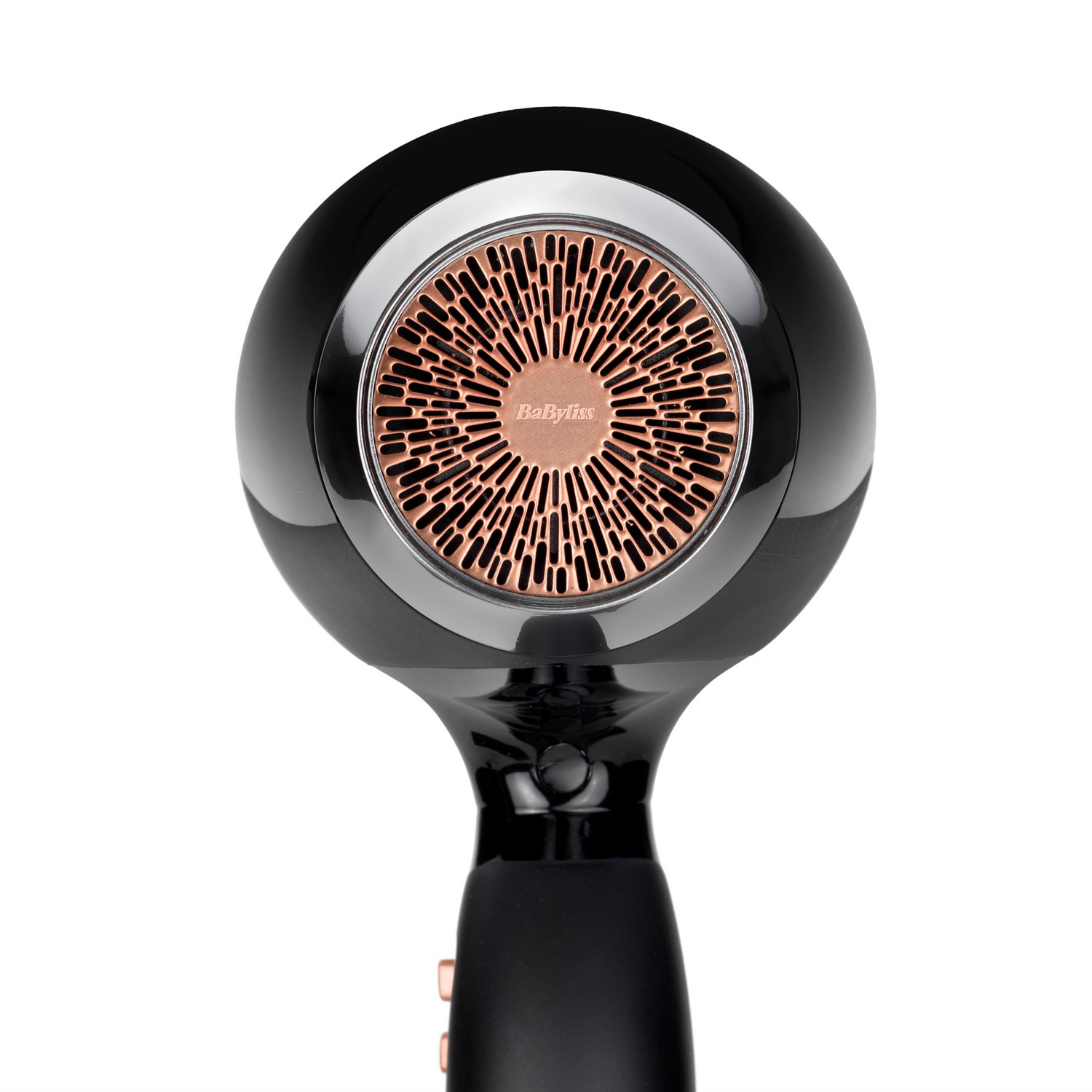 Gros plan sur un sèche-cheveux Babyliss noir, montrant la grille avant et la poignée.