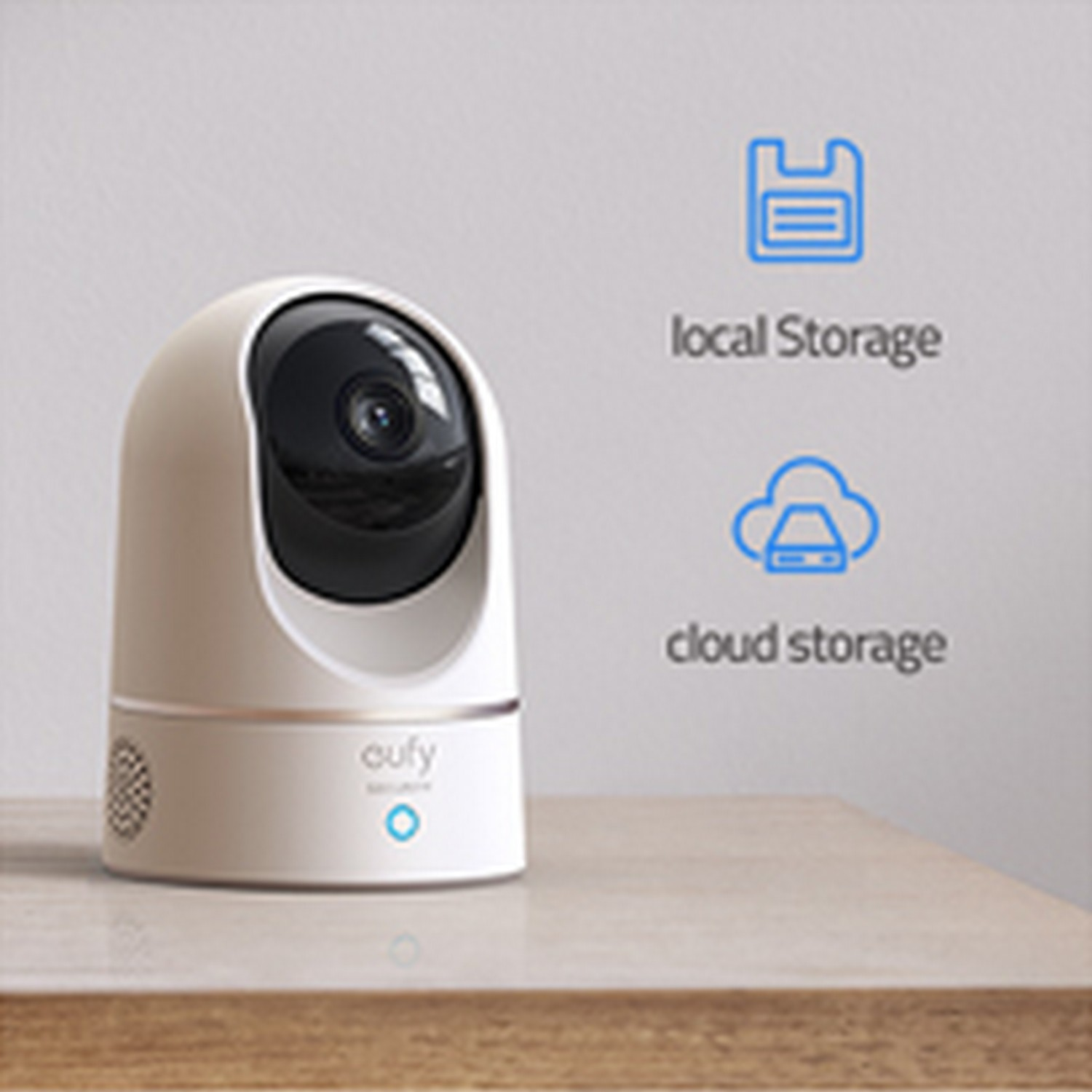 Caméra de sécurité blanche sur une table avec des icônes de stockage local et cloud.