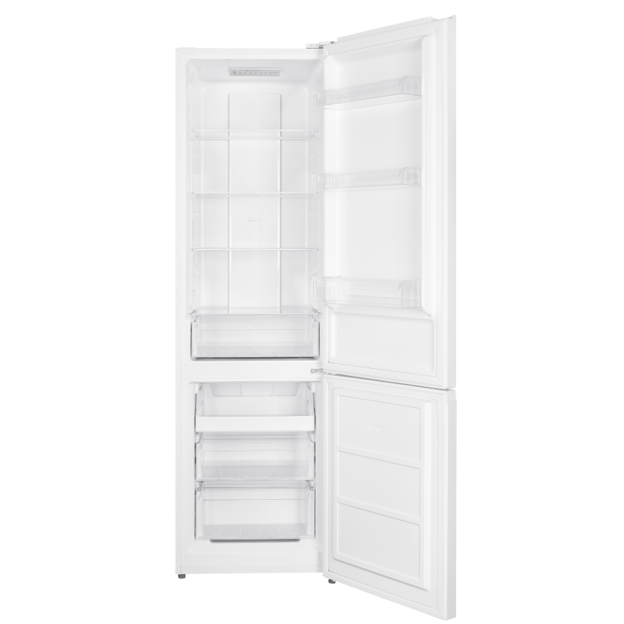 Un refrigerador blanco con la puerta abierta. Estantes visibles dentro, con cajones abajo.