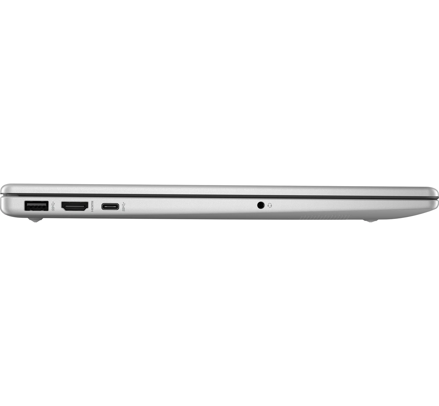 Perfil de portátil plateado con puertos visibles: USB, HDMI, USB-C y conector de audio.