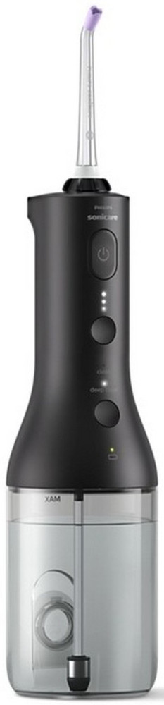 Black water flosser with a white tip, and water reservoir. White background.