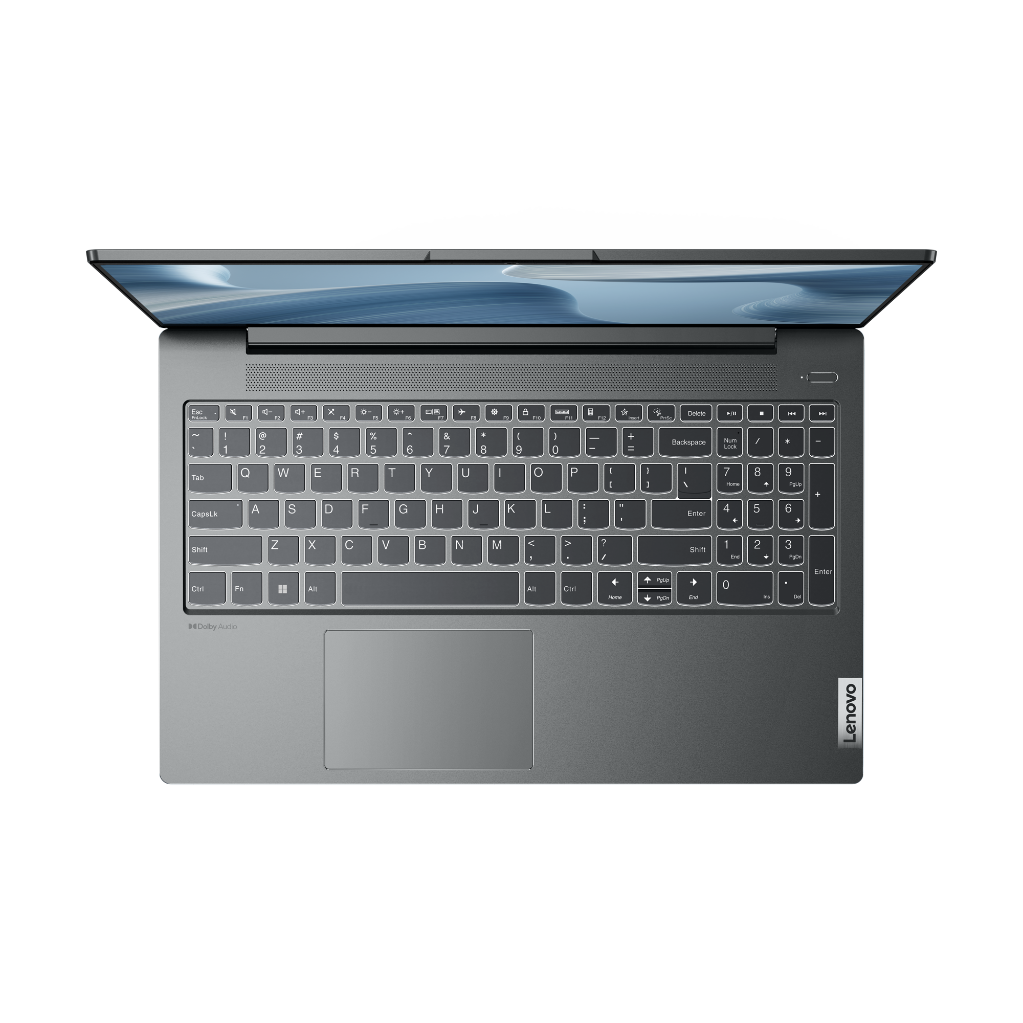 Portátil Lenovo plateado, abierto, mostrando teclado, panel táctil y pantalla.