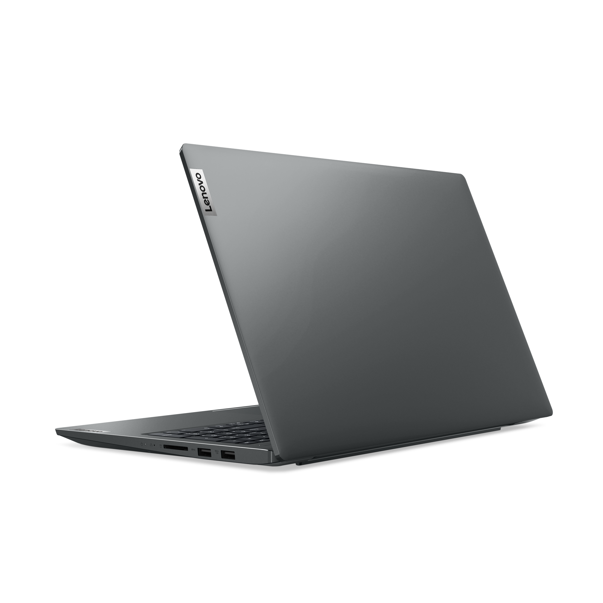 Una laptop gris, cerrada y desde atrás, con el logo de Lenovo en la parte superior.