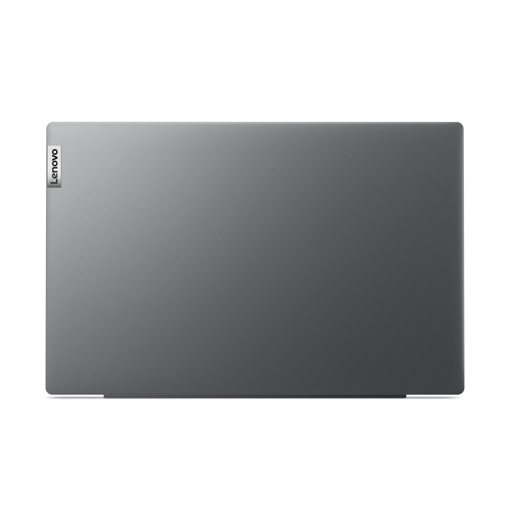 Ordenador portátil, vista superior, color gris, con el logotipo de Lenovo.