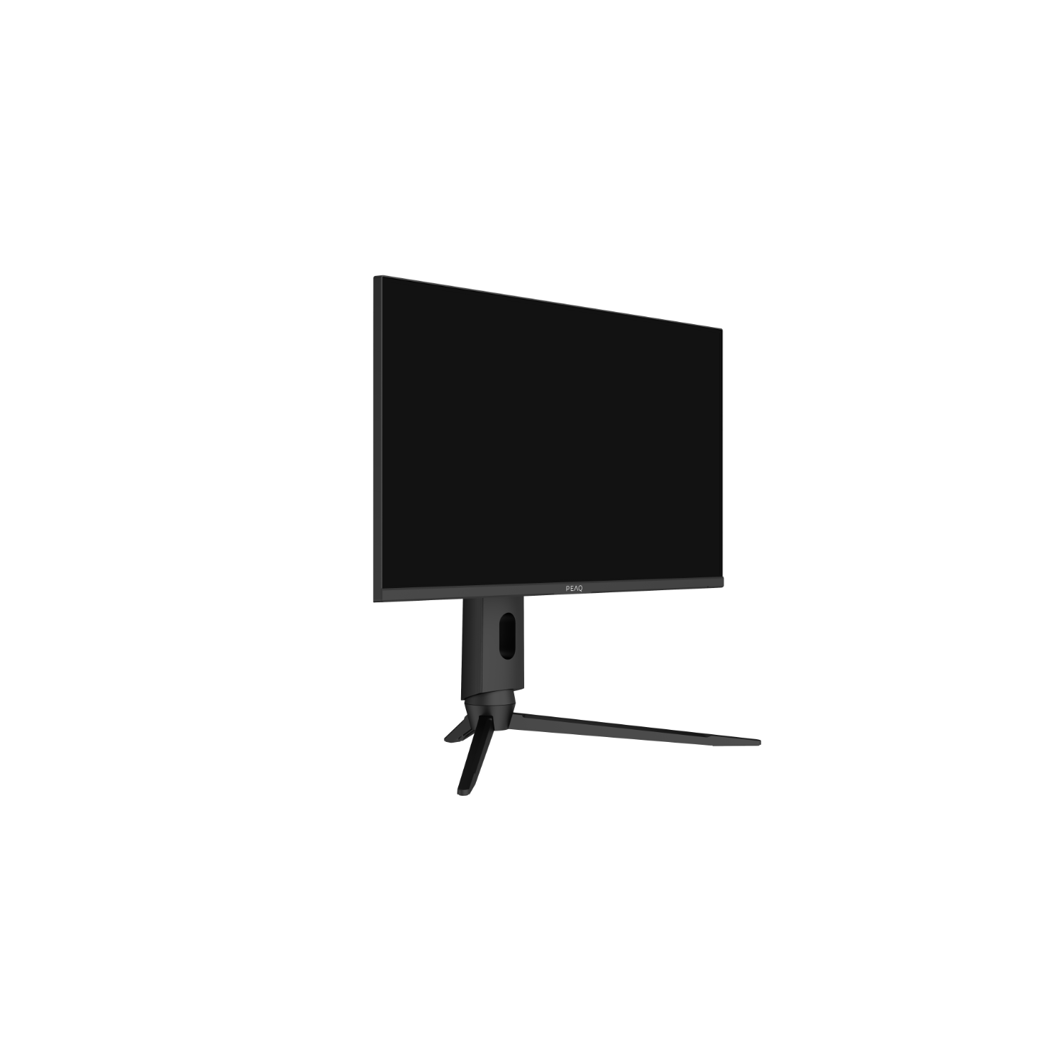 A black computer monitor on a stand. The monitor is angled slightly to the right.