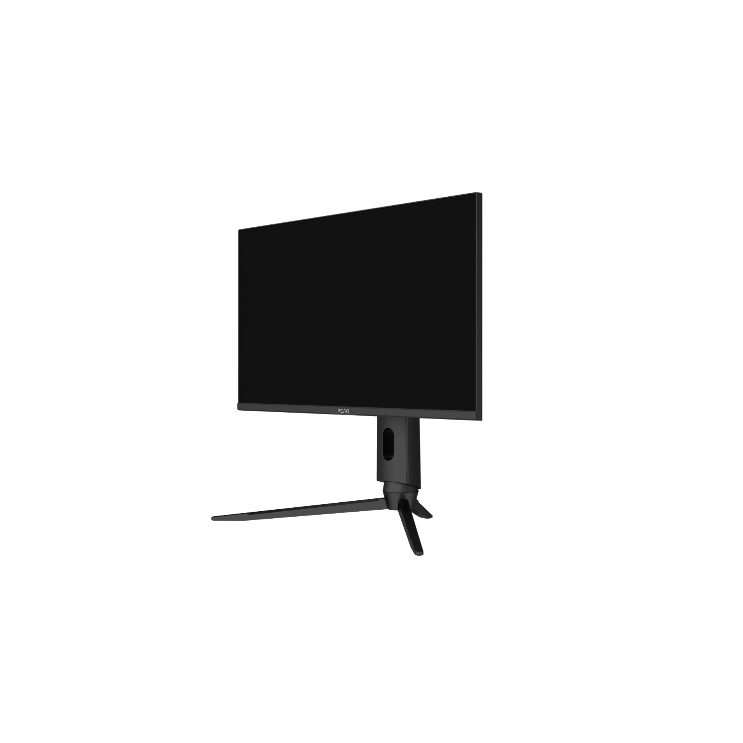 A black computer monitor on a black background. The monitor has a stand.