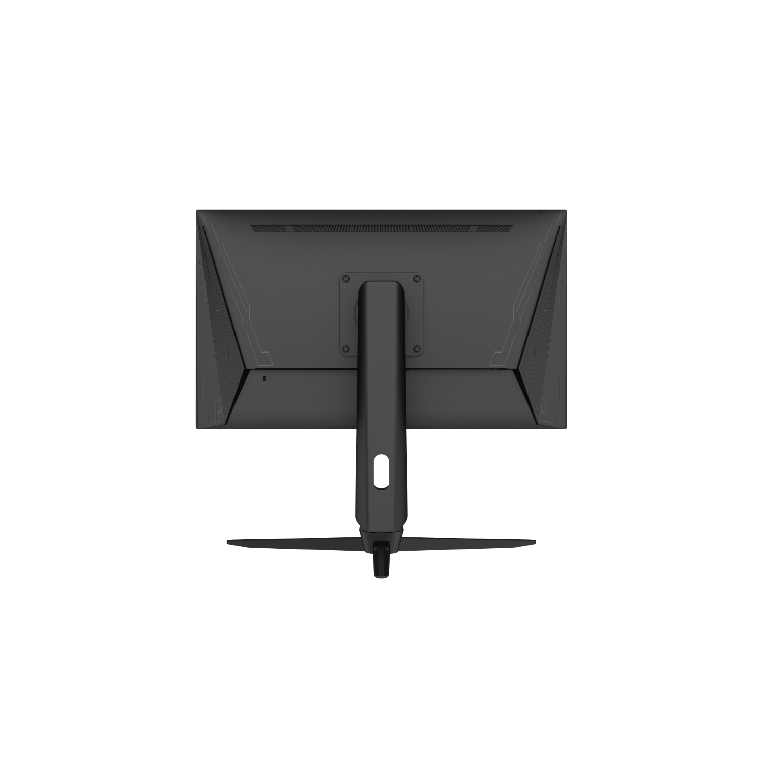 Black computer monitor from behind, with a black stand and a dark background.