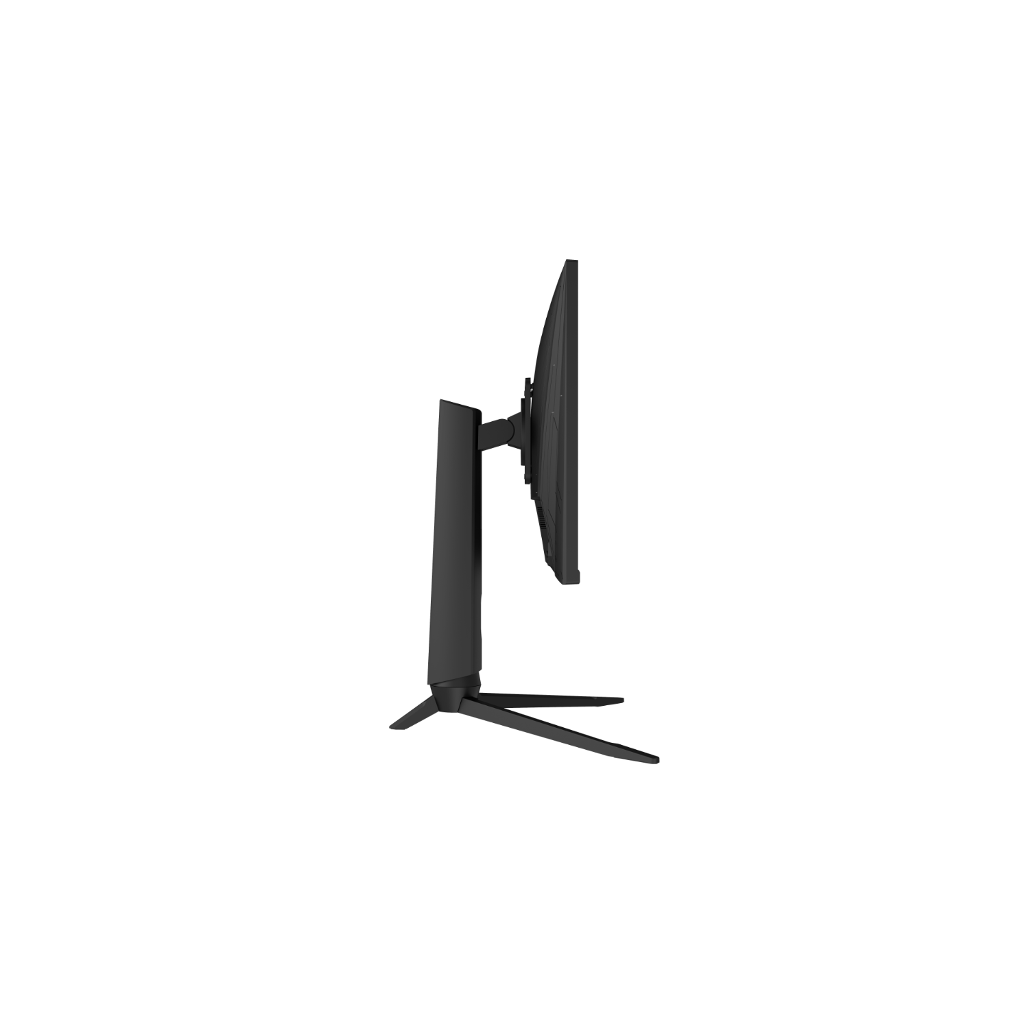 A side view of a black computer monitor on a stand.