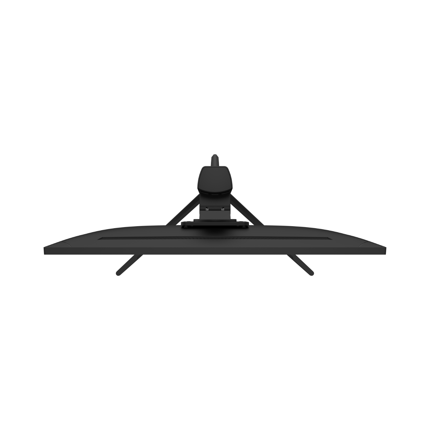 Top view of a black computer monitor with a stand on a black background.