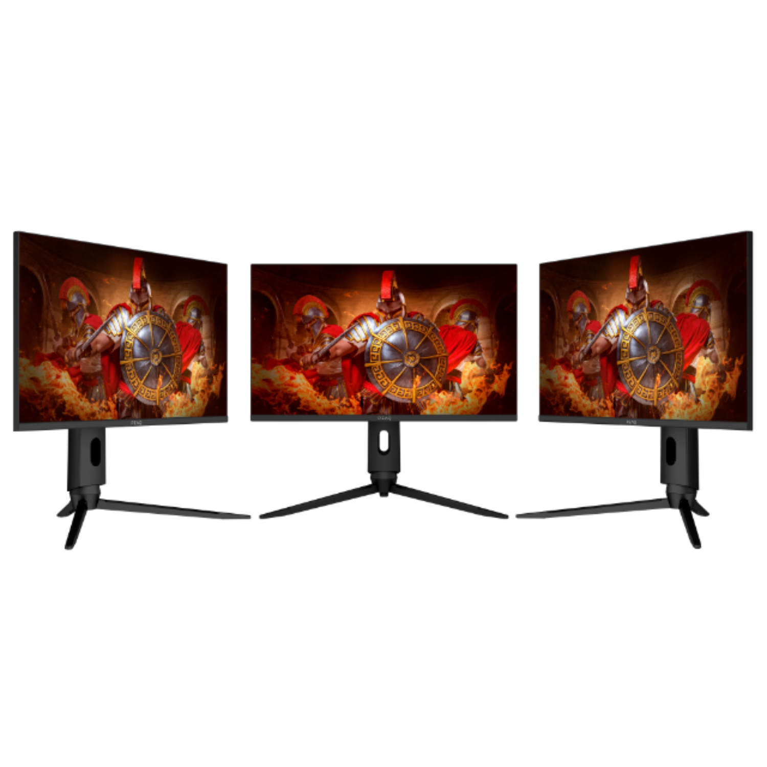 Three computer monitors displaying a battle scene with warriors and fire.