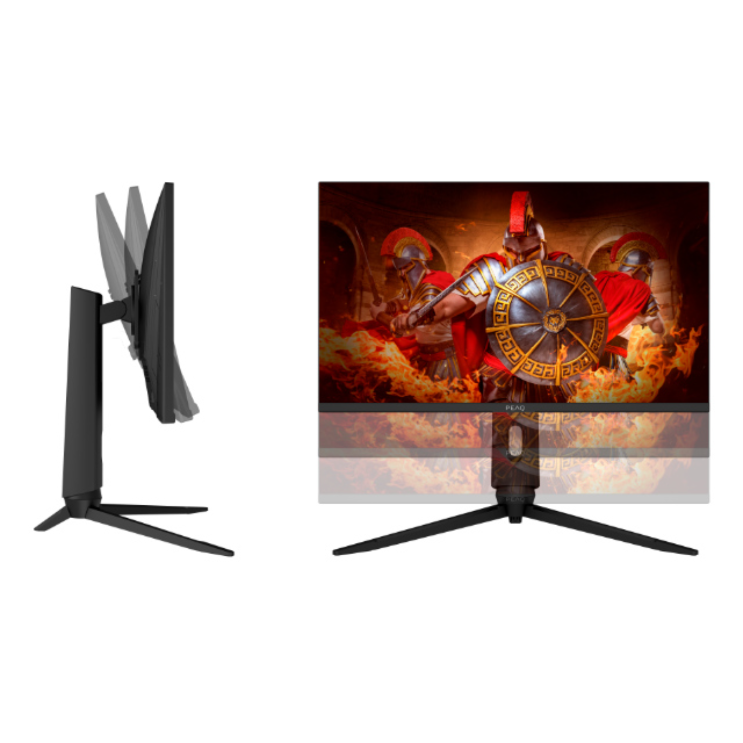 A computer monitor with a stand to the left, and a monitor showing a battle scene.