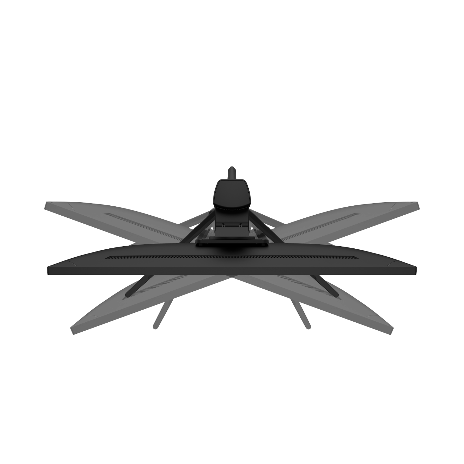 A black monitor stand, viewed from above, with four angled legs extending outwards.