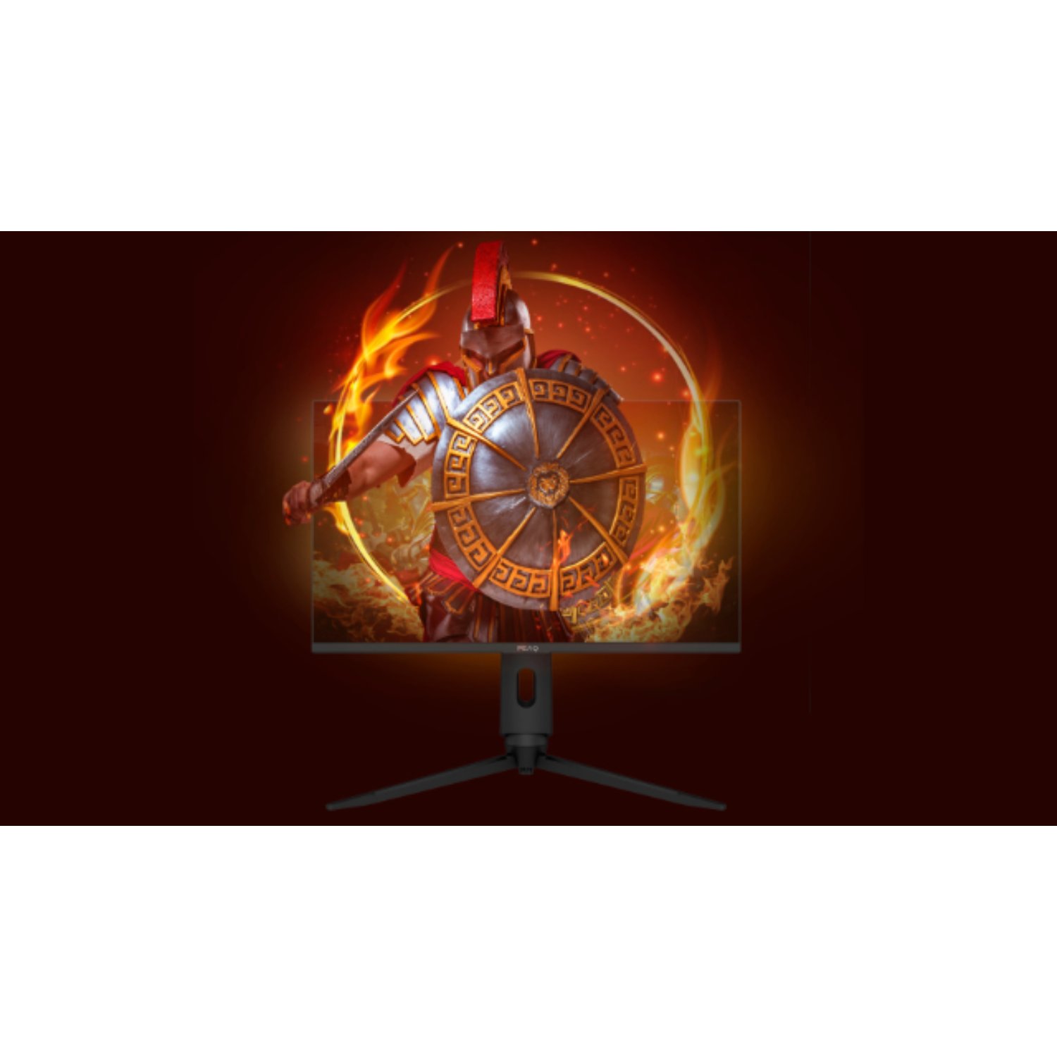A computer monitor displays a gladiator in armor, surrounded by fire. The background is dark red.