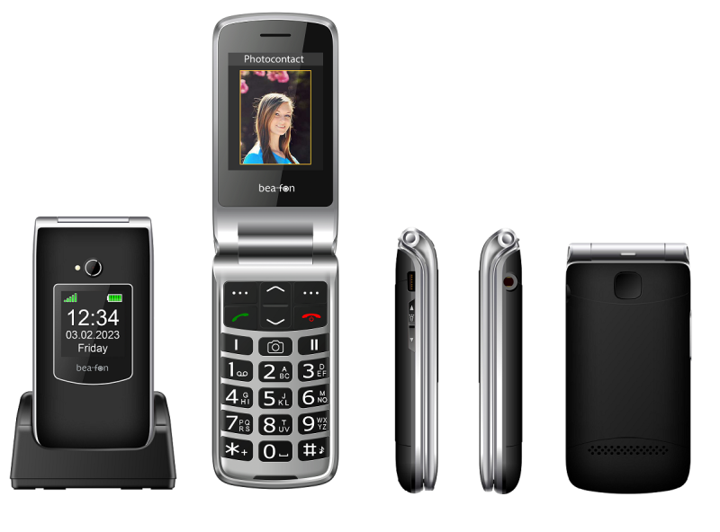 Ezüst kagylótelefon nyitva, fotóval a felső képernyőn, oldalsó és hátulnézet.