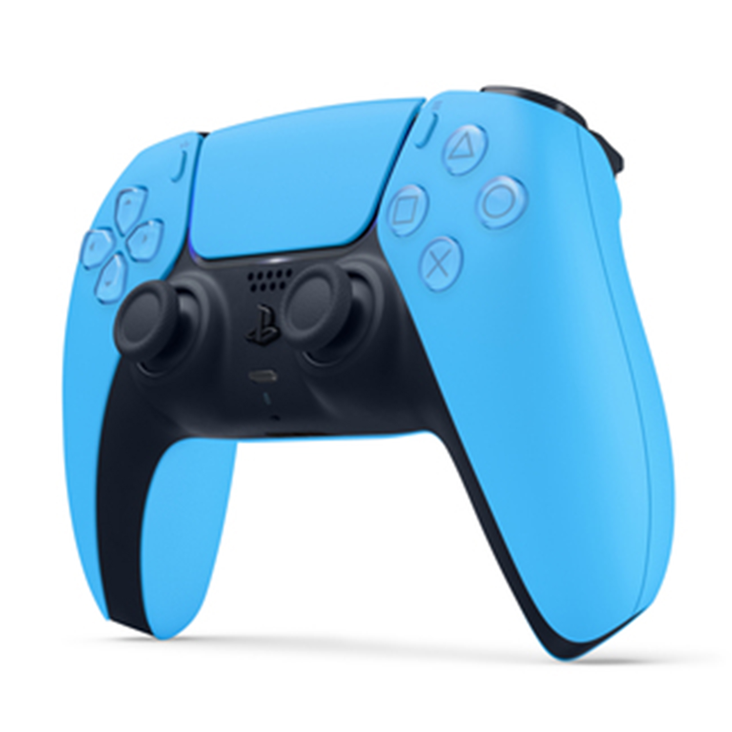 Controller Playstation 5 blu e nero. Sfondo bianco.