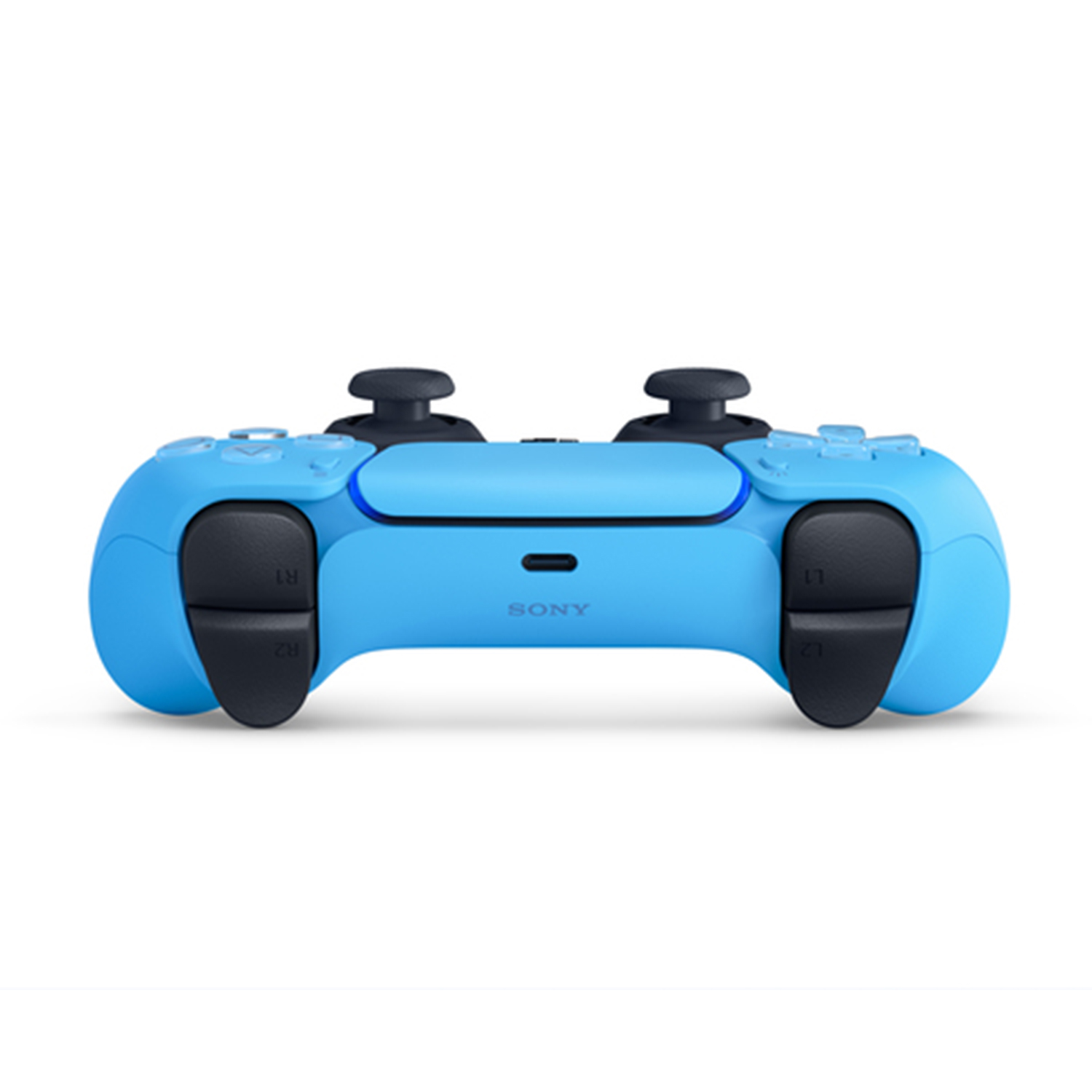 Controller PS5 blu, con pulsanti e joystick neri, posizionato centralmente su sfondo bianco.