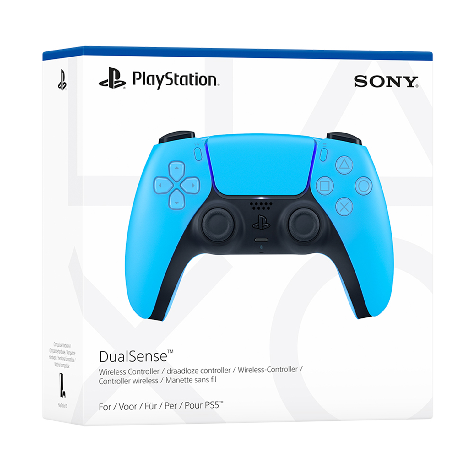 Controller DualSense PlayStation in una scatola. Controller blu con dettagli neri.
