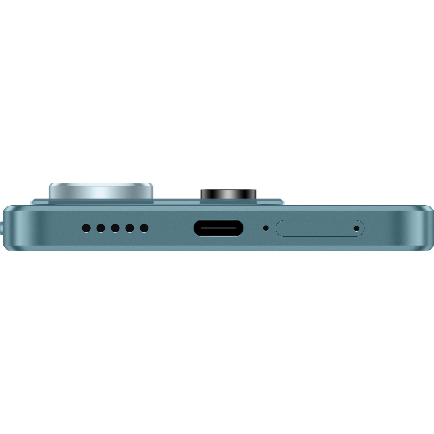 Side view of a teal phone. Ports, speakers, and a camera bump are visible.