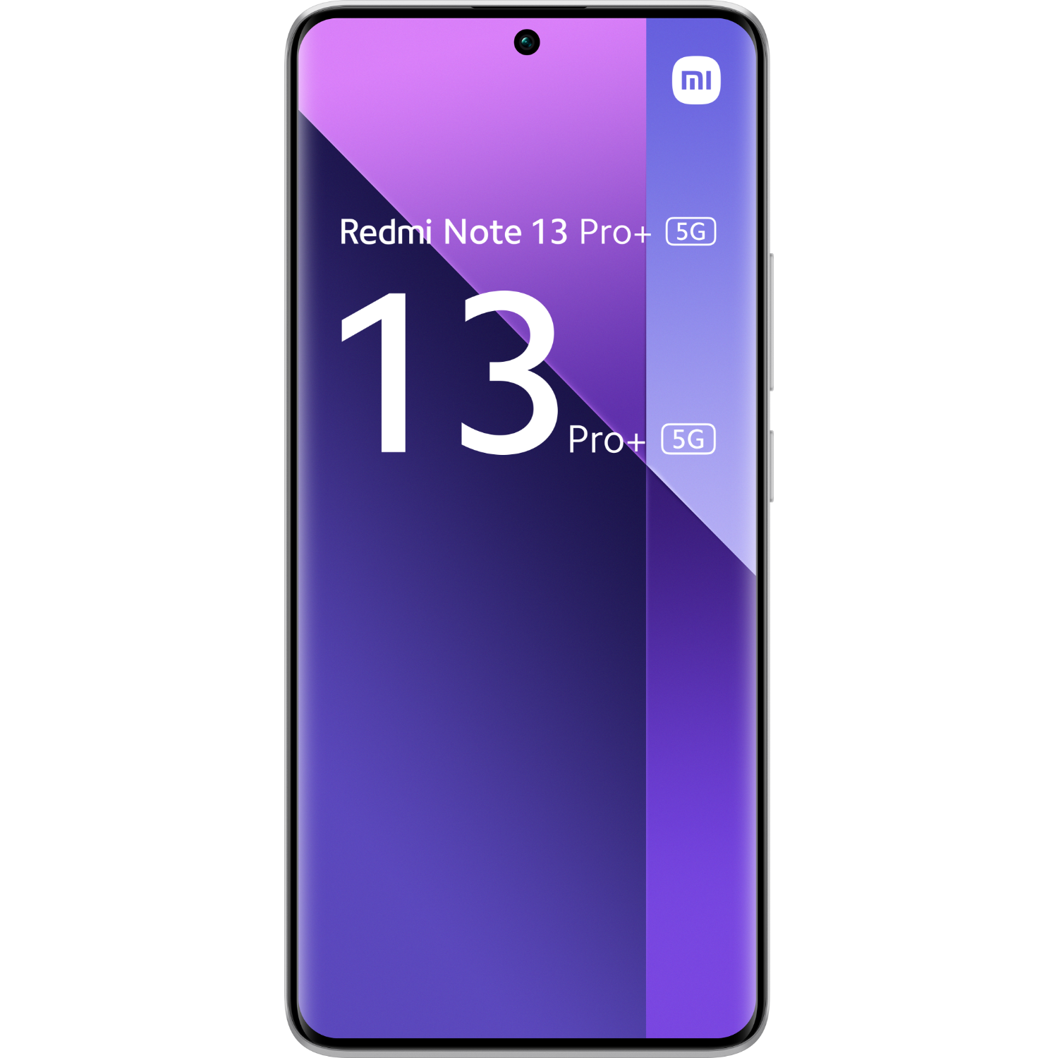 Een Xiaomi Redmi Note 13 Pro+ 5G smartphone met paars display en zwarte achtergrond.