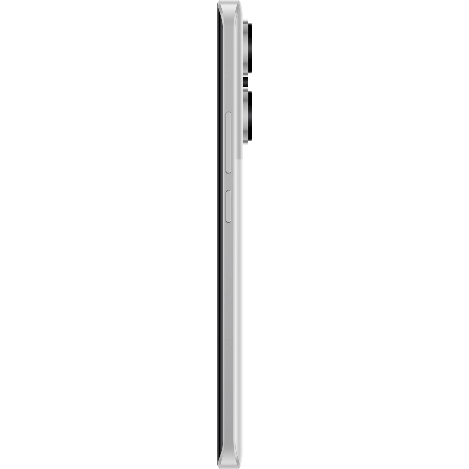 Zijaanzicht van een witte smartphone met cameralens en knoppen.