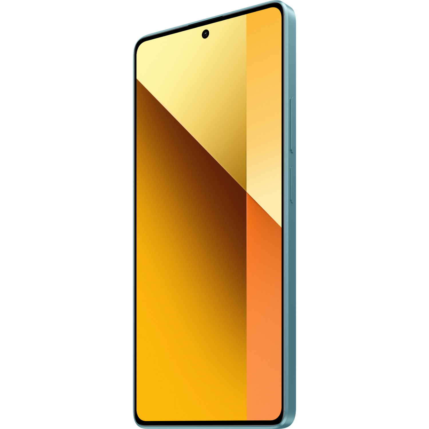 Een blauwe smartphone met een gouden scherm, schuin, op een zwarte achtergrond.