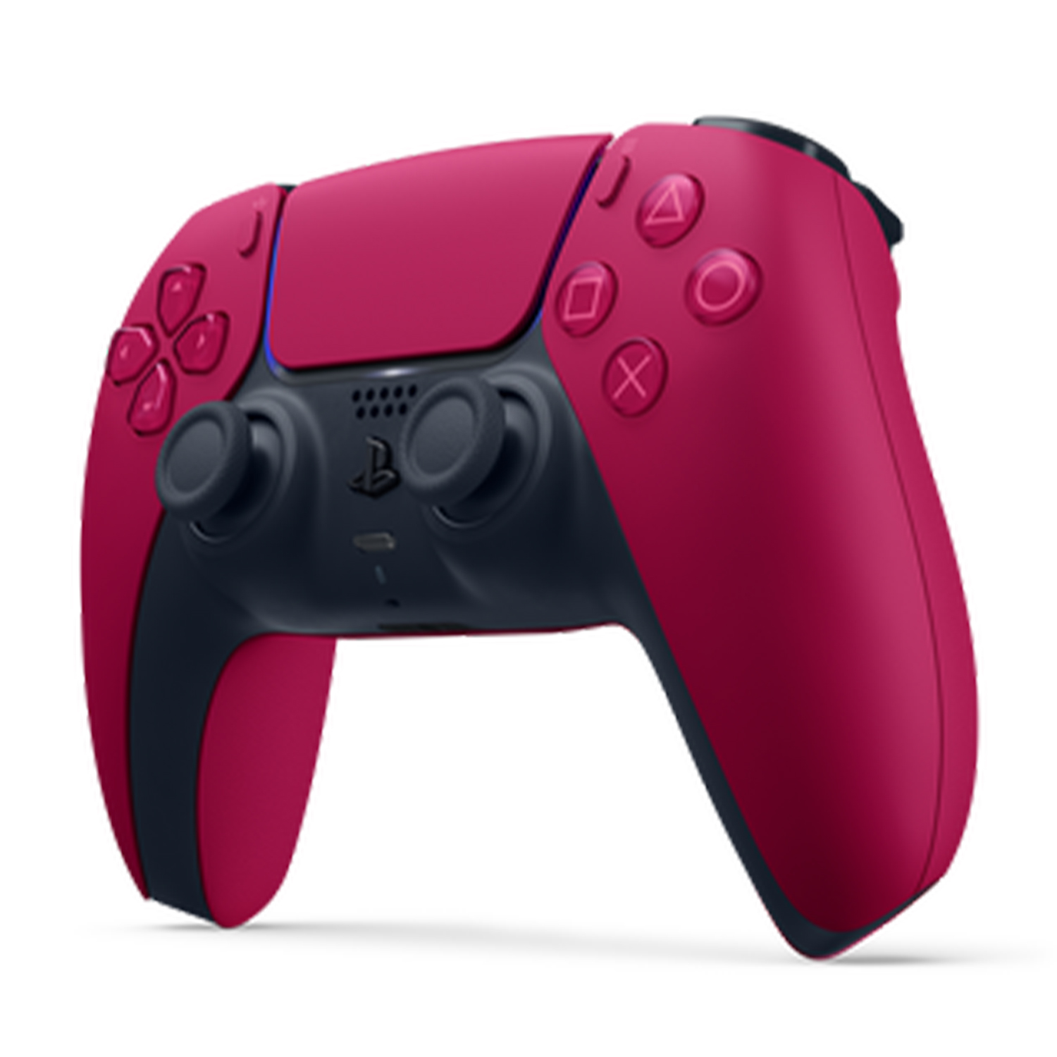 Un controller DualSense PlayStation 5 rosso e nero con pulsanti e joystick.